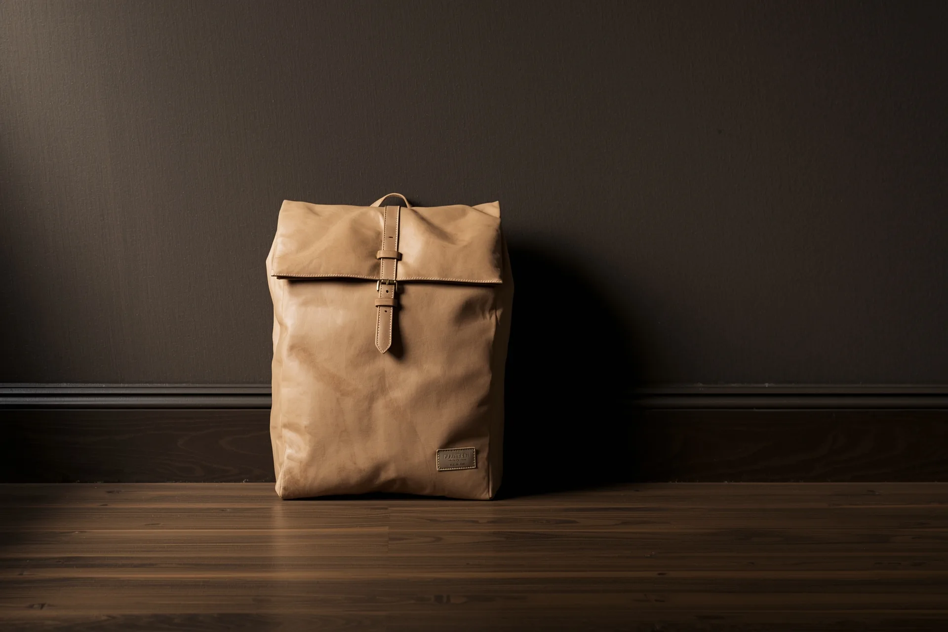 Stiff new veg-tan leather backpack standing open, flap beginning to crease at its first fold line, in raking window light