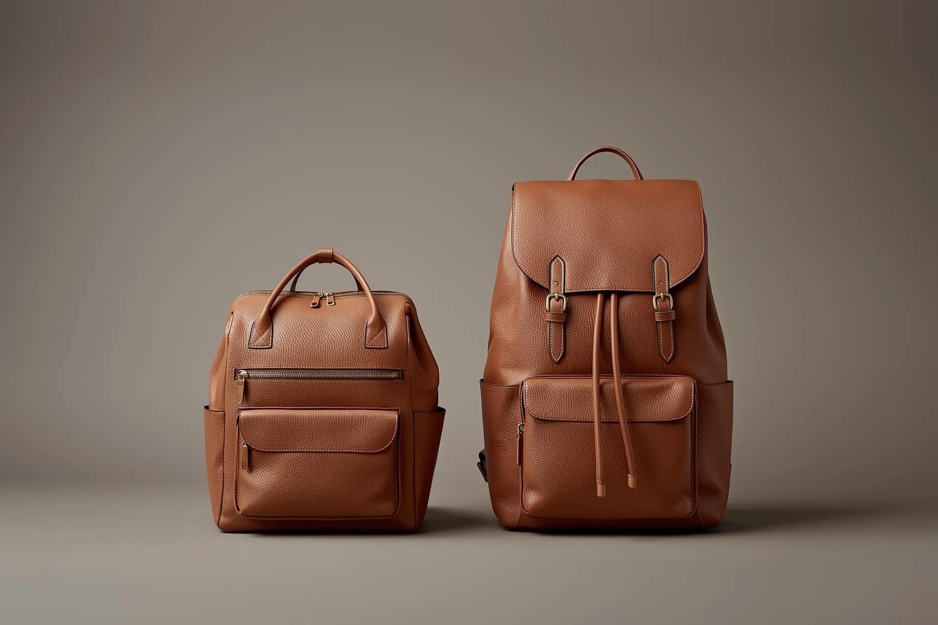 Two full-grain leather backpacks, a 22-liter daypack and a larger 34-liter carry-on, standing open side by side in a studio