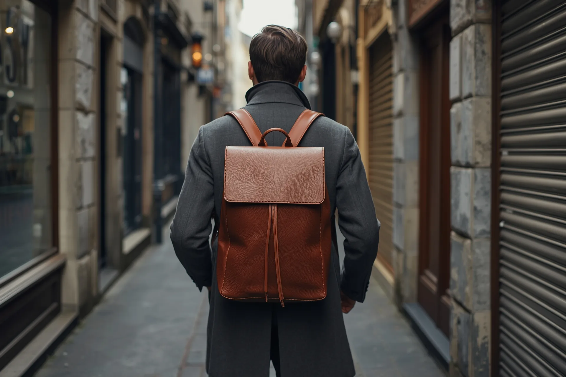 Commuter seen from behind wearing a full-grain leather backpack with wide padded straps anchored high, on a European street