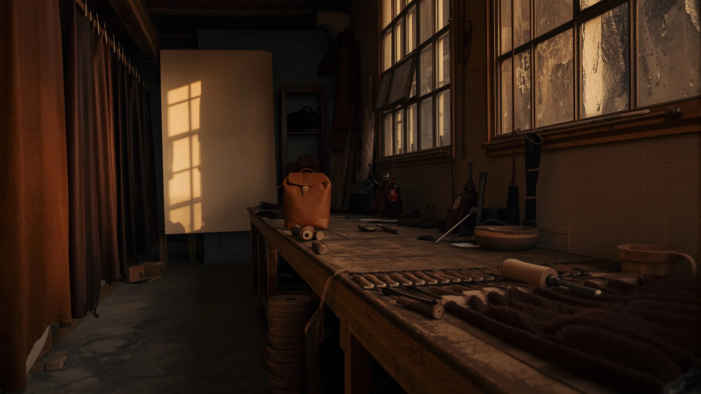 Leather workshop at golden hour, full-grain hides hanging beside a workbench with brass hardware and waxed thread
