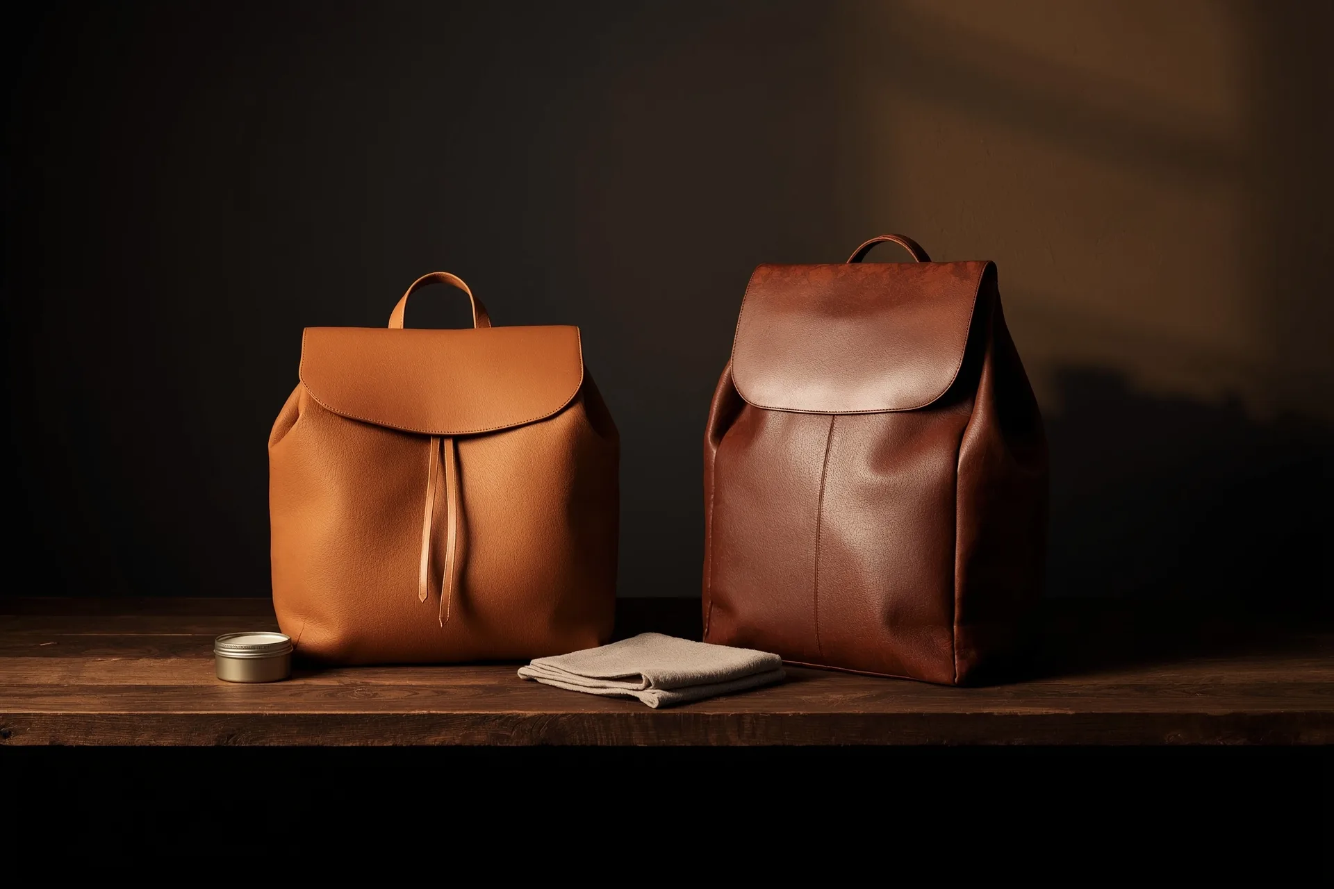 New light-tan leather backpack beside a five-year-old one with dark honey patina and soft creases, side-lit on a workbench