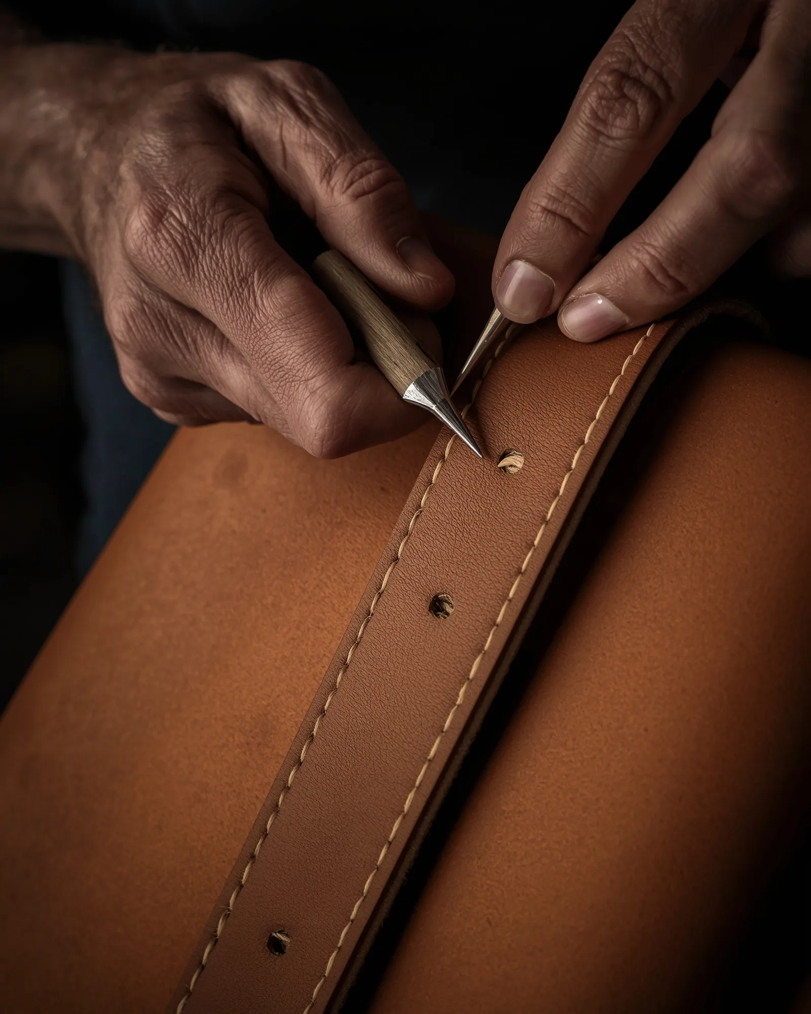 Craftsman's hands saddle-stitching a backpack strap root, two needles on one waxed thread, stitch line slightly zigzagged